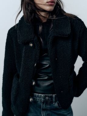 Zara Black Teddy Jacket with Button Front Small